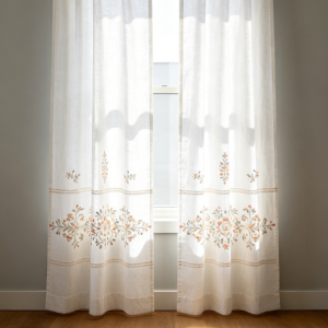Symmetrical Floral Embroidery Floor-Length Linen Curtains